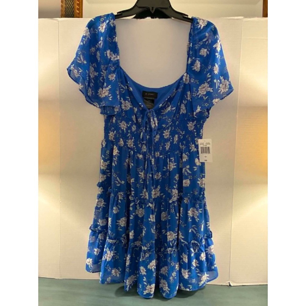 B. Smart Royal Blue Floral Smocked‎ Tiered Mini Dress JS15AE58 Size 11 NWT